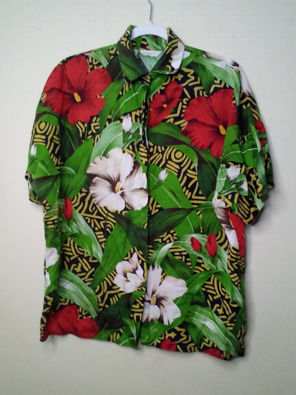 Jack Winter Shirt Women M Button Up Short Sleeve Tropical Print Green Red
